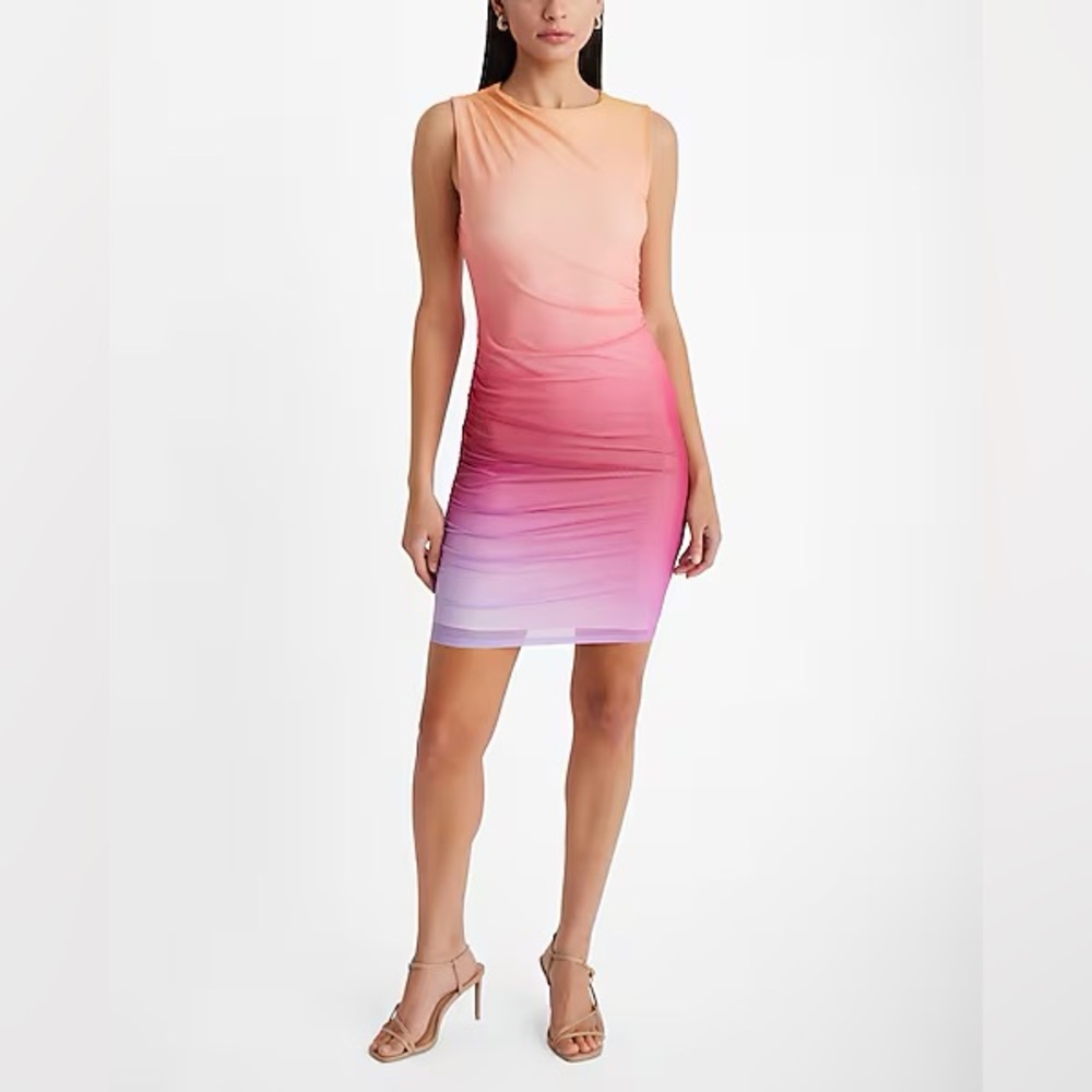 Express Ombré Mesh High Neck Sleeveless Ruched Sheath Dress - Picture 3 of 11